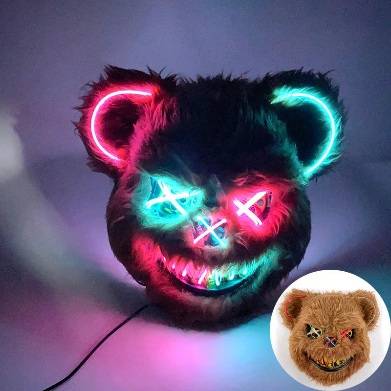 Hot Luminous LED Horror Mask for Halloween Cosplay Props Glowing Scary Mask Neon Light up Bloody Bear Mask Mascara Costume Decor