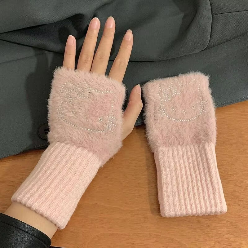 Hello Kitty Half Finger Gloves for Women Fashion Winter Warm Soft Knitting Gloves Casual Cartoon Fingerless Mitten Gifts