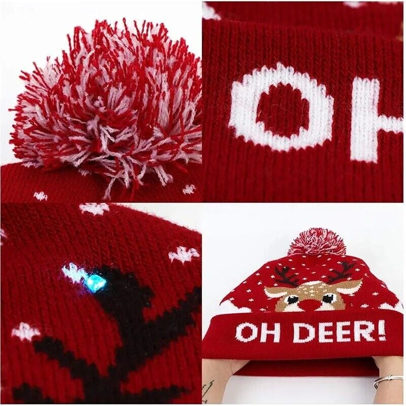 Cute LED Christmas Hat Light up Christmas Knitted Beanie Holiday Hat Warm Cap US