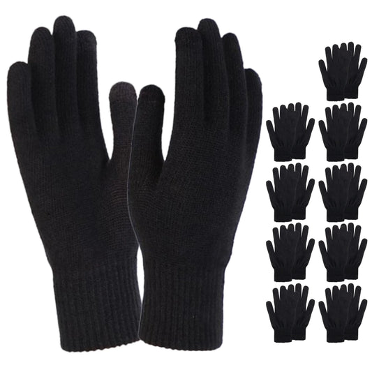 10 Pack of Bulk Wholesale Adult One Size Knit Stretch Cold Winter Weather Gloves for Men, Women, Teens, Homeless and Charity Donations for Harsh Climates and Temperatures in Black